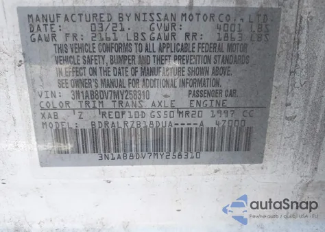 2021 Nissan Sentra Sr Xtronic Cvt z USA, uszkodzony, nr VIN 3N1AB8DV7MY258310